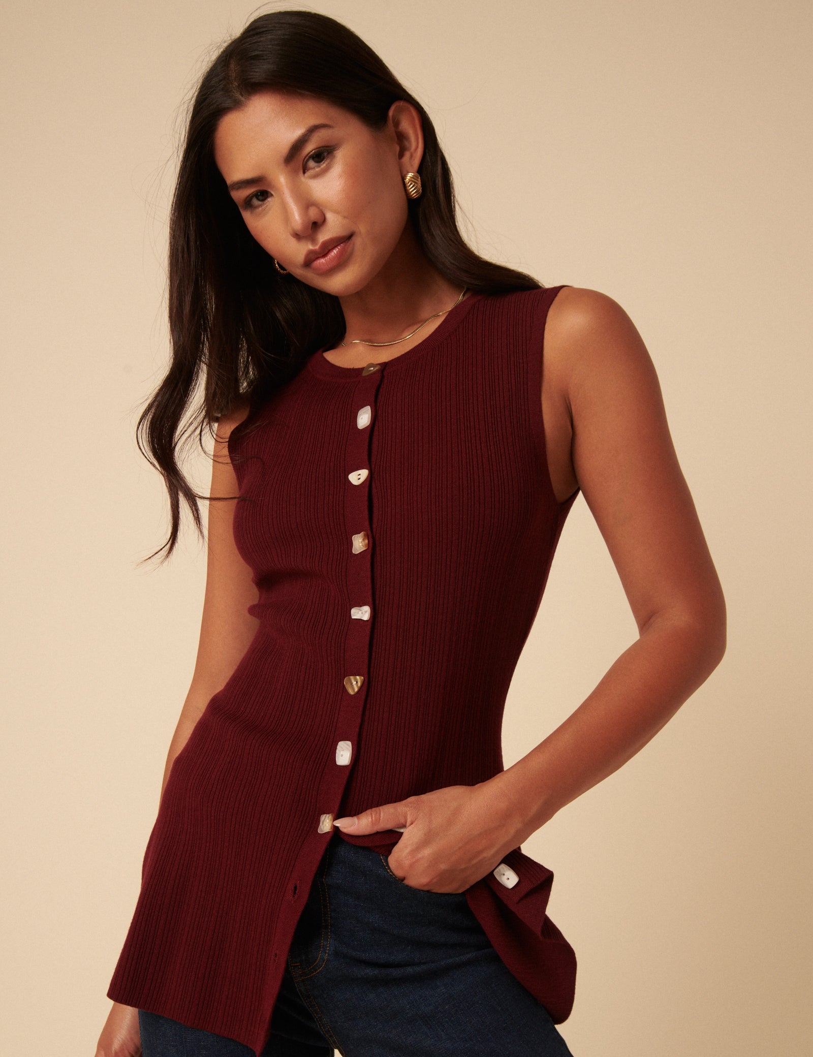 Burgundy Longline Knitted Waistcoat