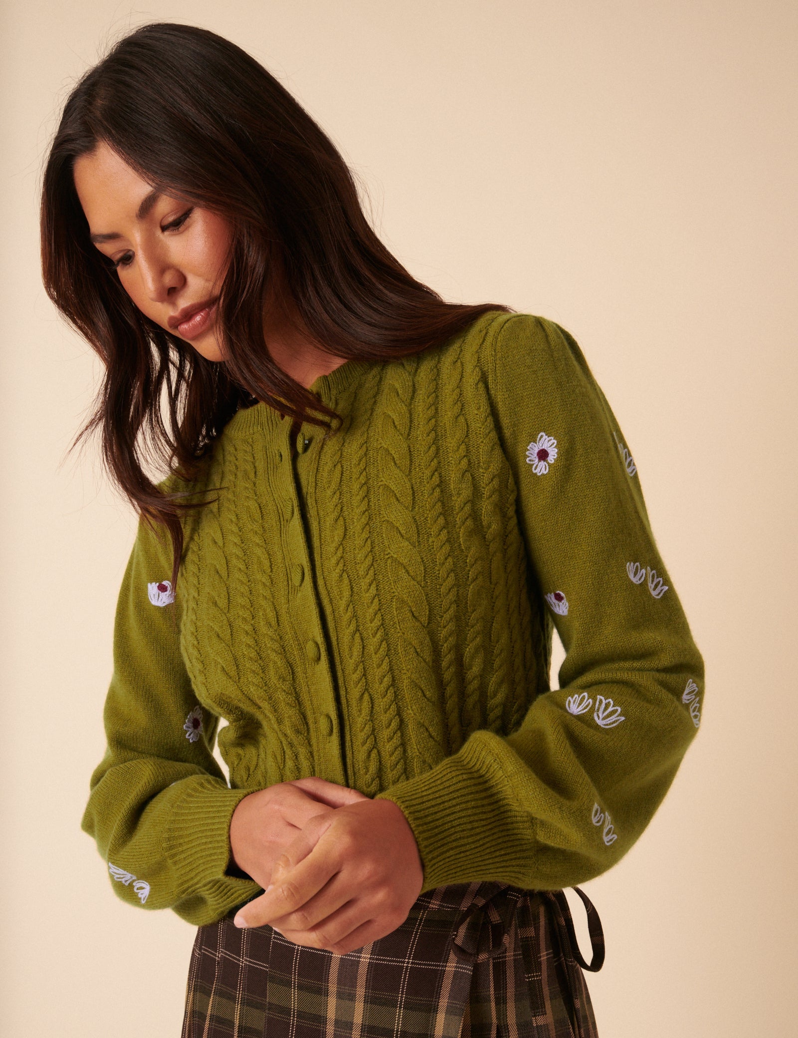 NC x TBCo Green Cable Knit Embroidered Wool Cardigan