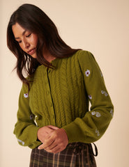 NC x TBCo Green Cable Knit Embroidered Wool Cardigan