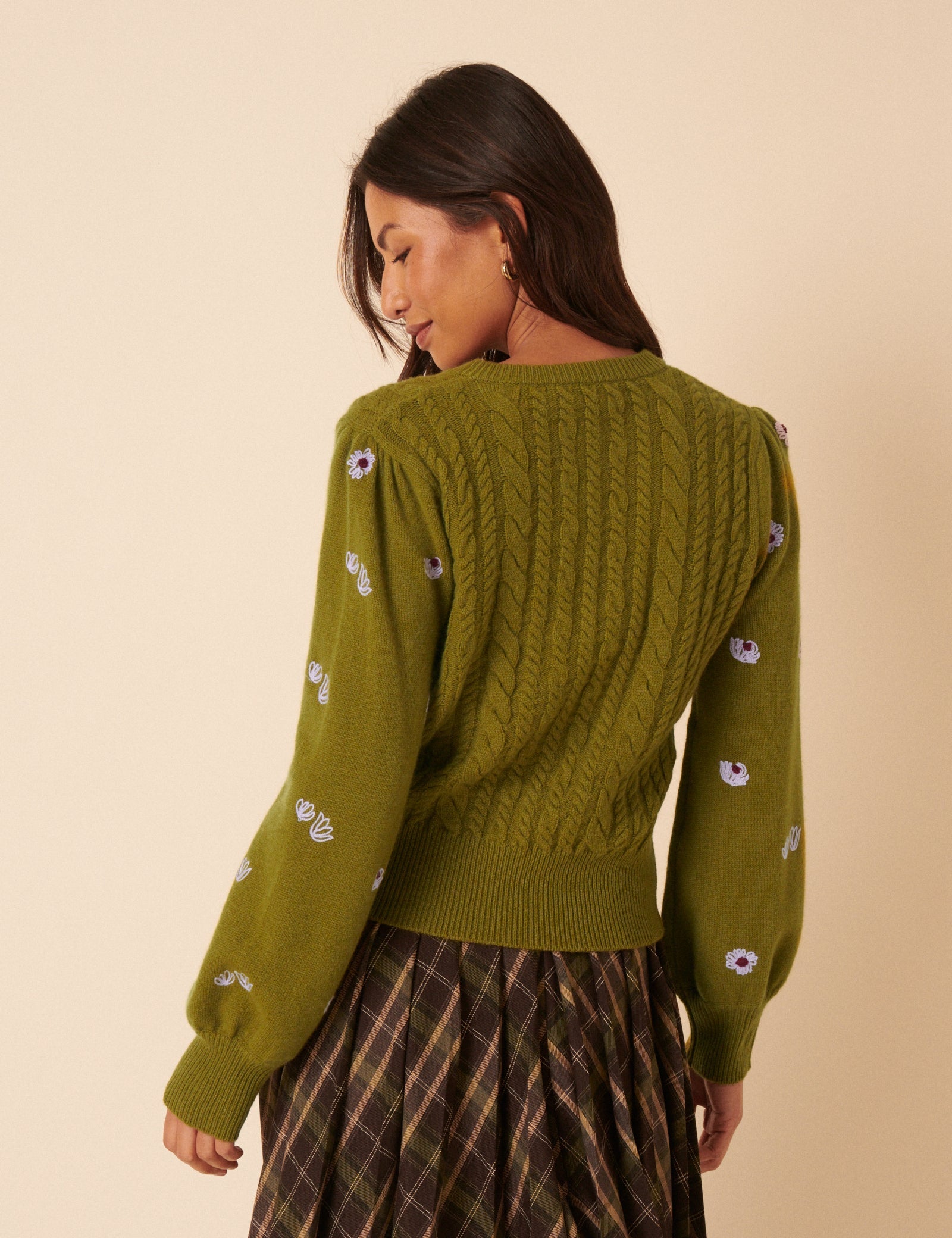 NC x TBCo Green Cable Knit Embroidered Wool Cardigan