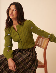 NC x TBCo Green Cable Knit Embroidered Wool Cardigan