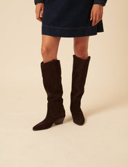 Chocolate Brown Suede Western Knee High Boots