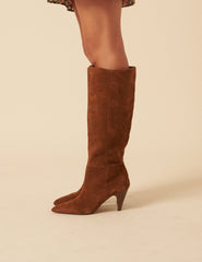 Brown Suede Knee High Heeled Boots