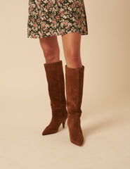 Brown Suede Knee High Heeled Boots