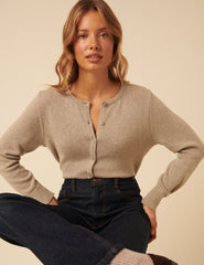 Beige Crew Neck Cardigan