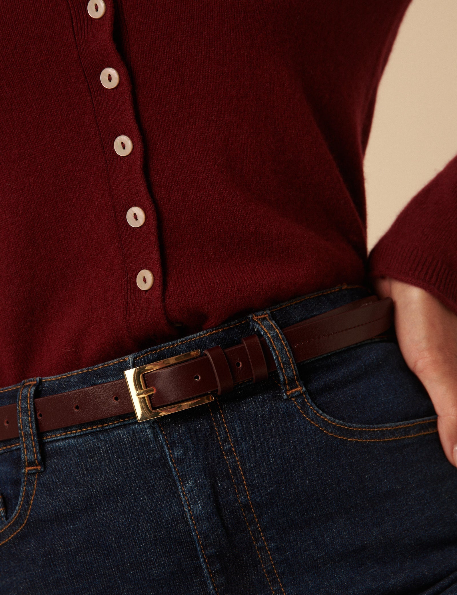 Burgundy Leather Skinny Belt