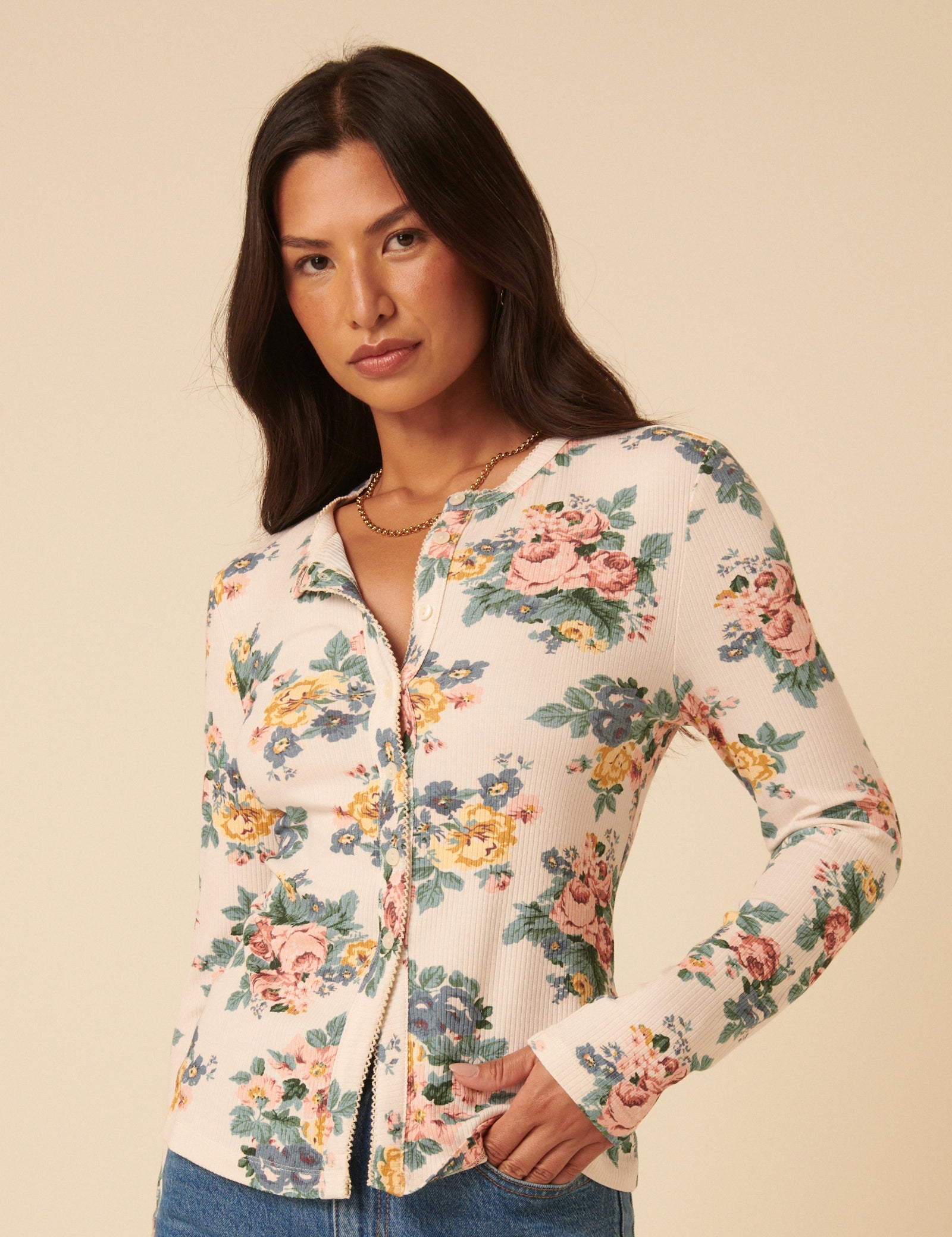 Cream Floral Printed Cardigan