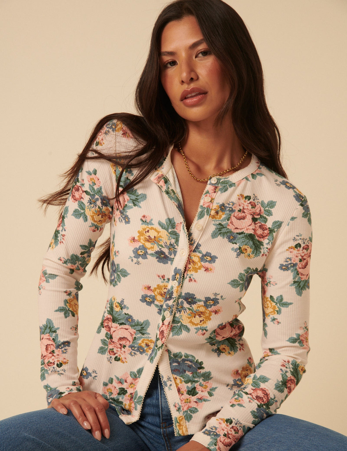 Cream Floral Printed Cardigan