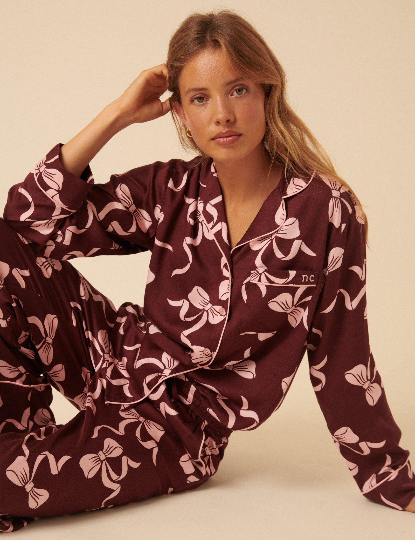 Burgundy Bow Printed Pyjama Set