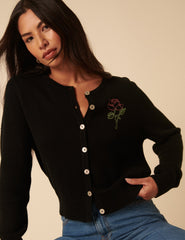Black Flower Embroidered Cardigan