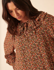 Black Ditsy Floral Flared Sleeve Blouse