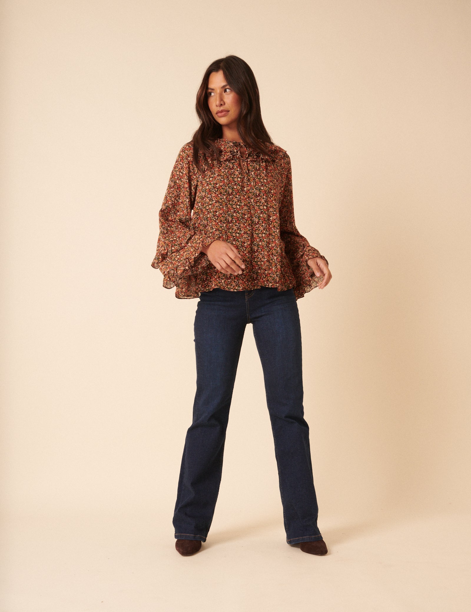 Black Ditsy Floral Flared Sleeve Blouse