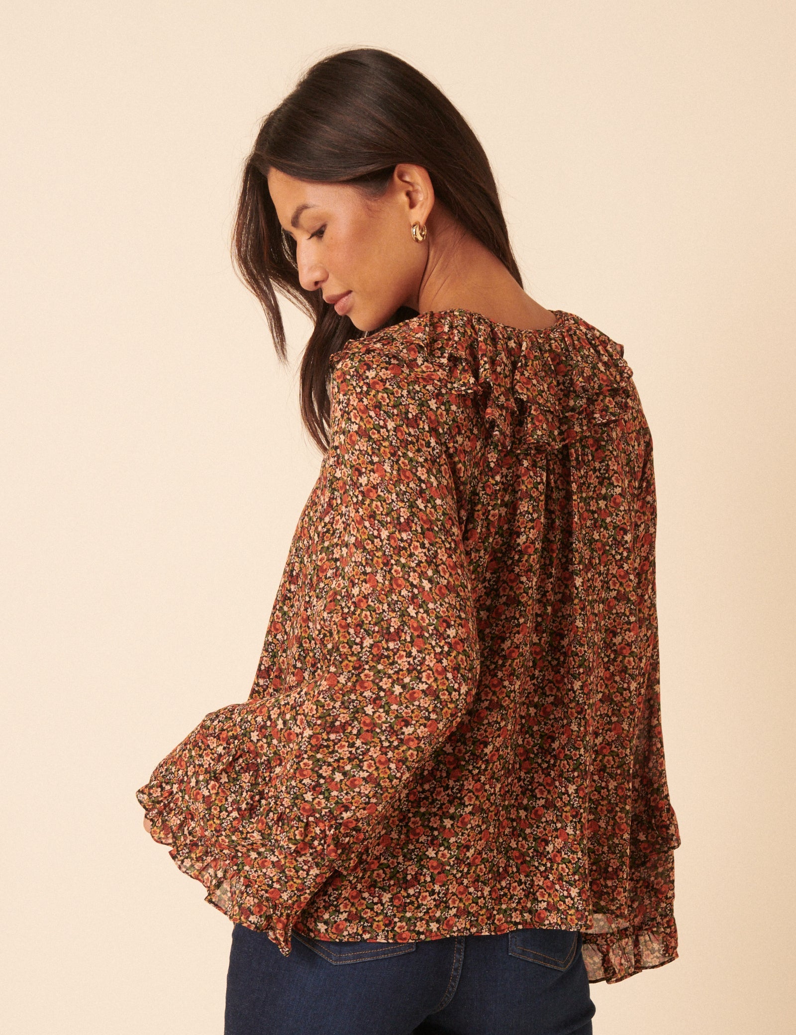 Black Ditsy Floral Flared Sleeve Blouse
