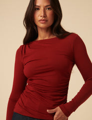 Red Ruched Long Sleeve Jersey Top