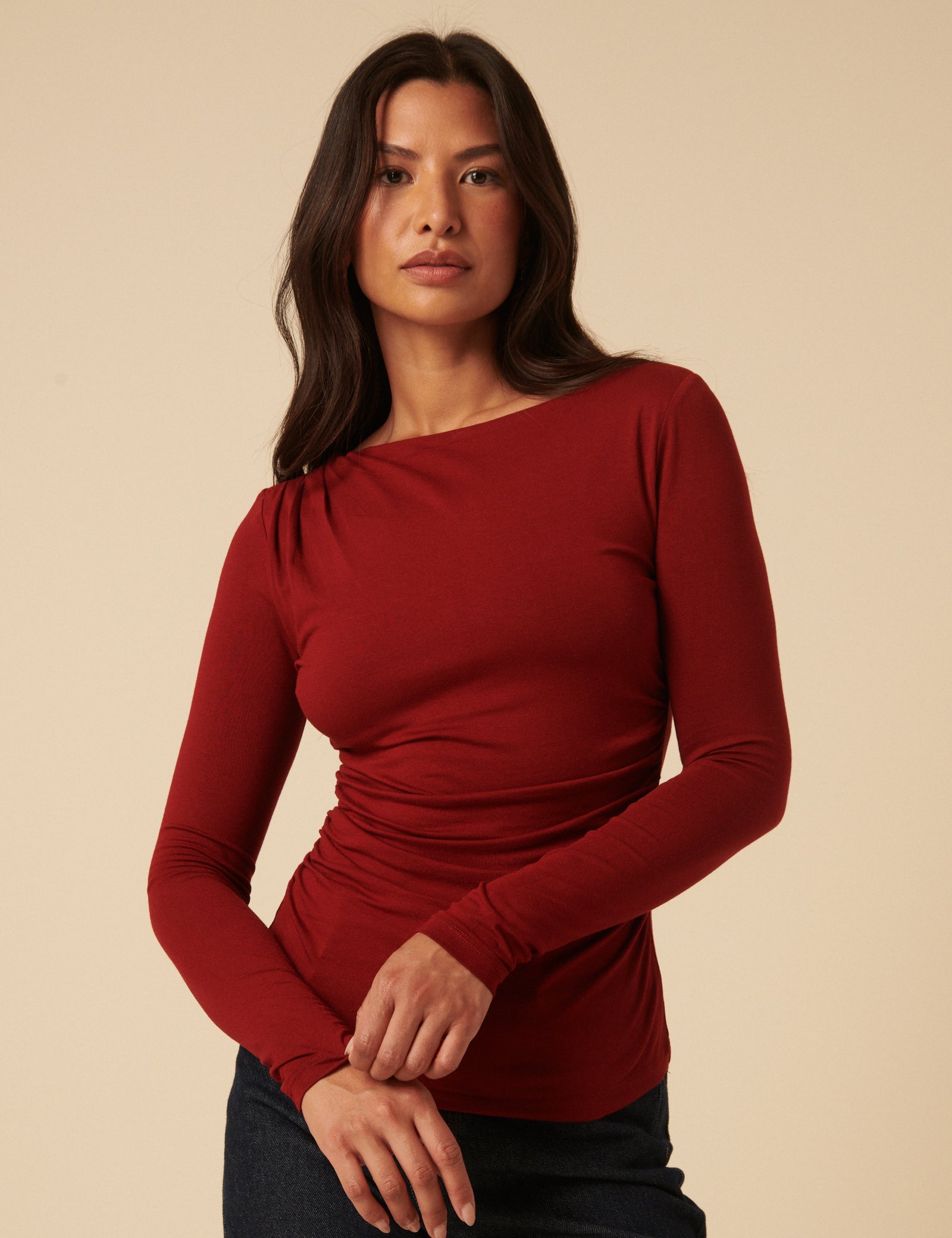 Red Ruched Long Sleeve Jersey Top