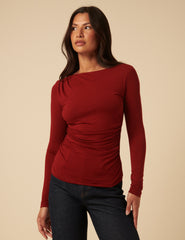 Red Ruched Long Sleeve Jersey Top