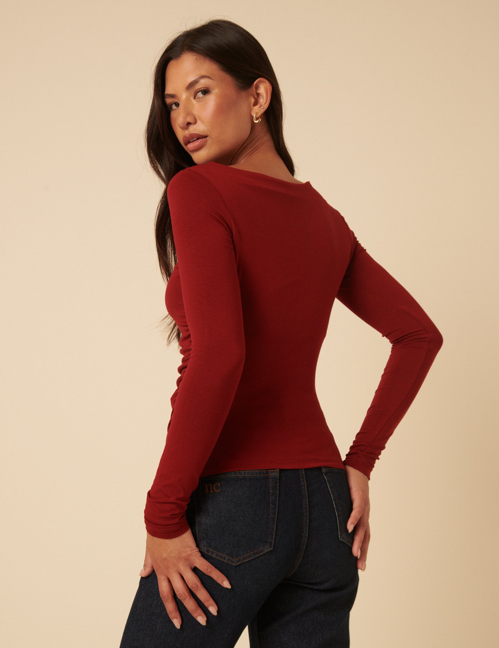 Red Ruched Long Sleeve Jersey Top