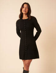 Black Long Sleeve Button Through Knitted Mini Dress