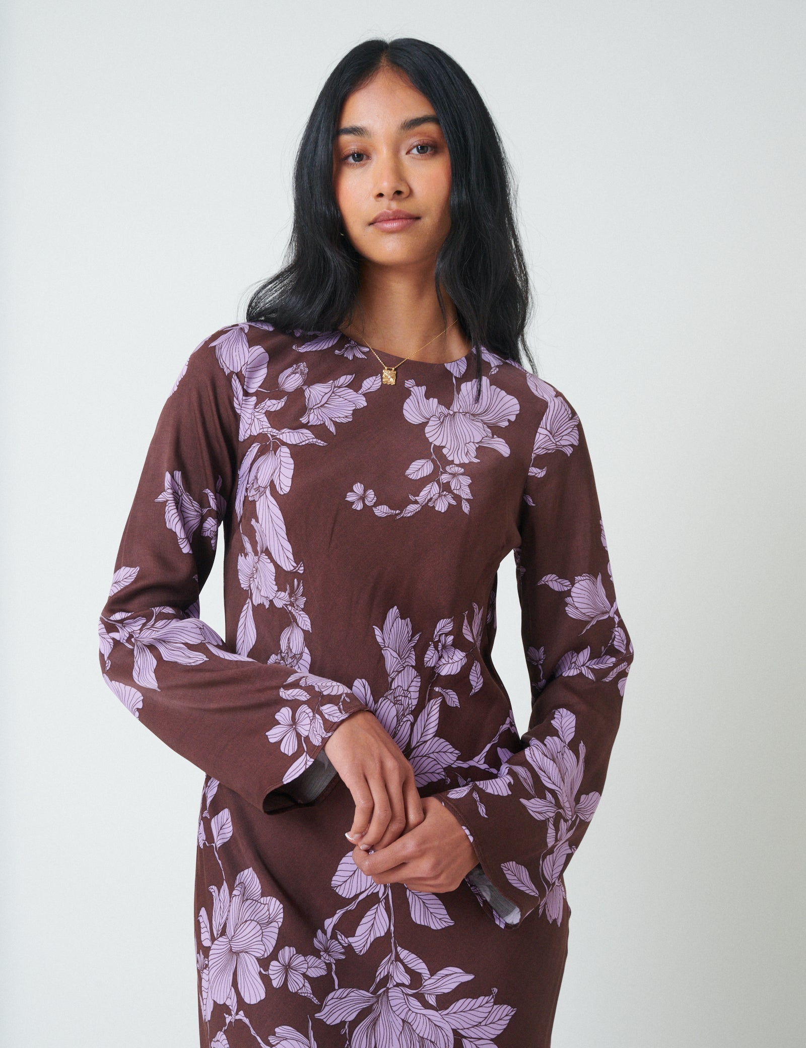 Brown Floral Long Sleeve Shiloh Midi Dress