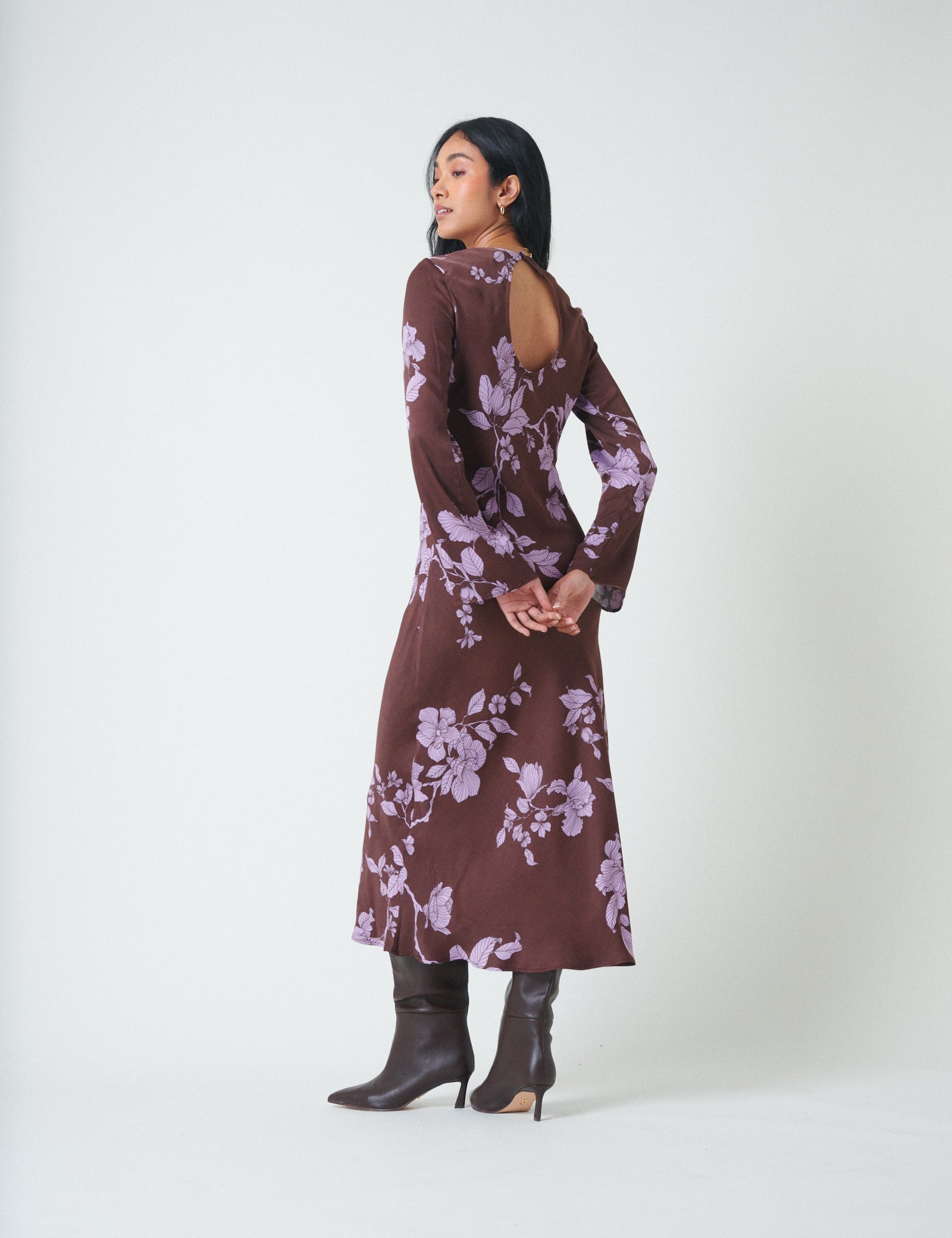 Brown Floral Long Sleeve Shiloh Midi Dress