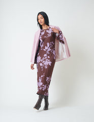Brown Floral Long Sleeve Shiloh Midi Dress
