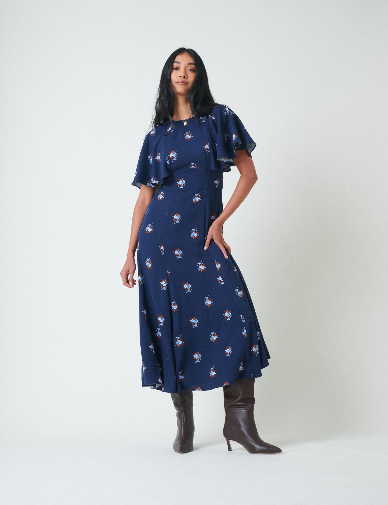 Blue Floral Frill Sleeve Verona Midi Dress