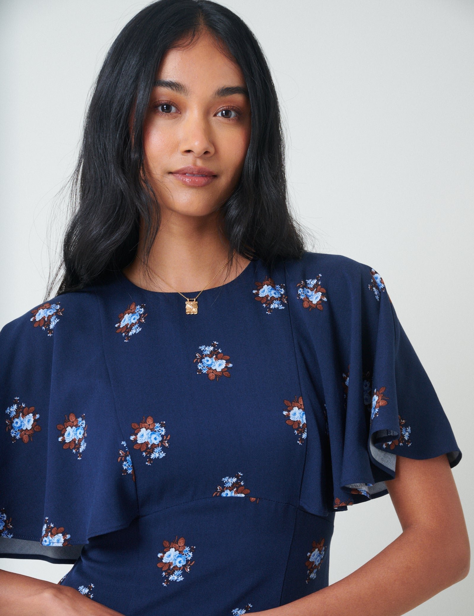 Blue Floral Frill Sleeve Verona Midi Dress