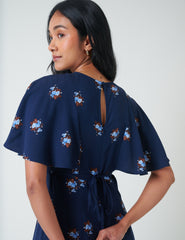 Blue Floral Frill Sleeve Verona Midi Dress