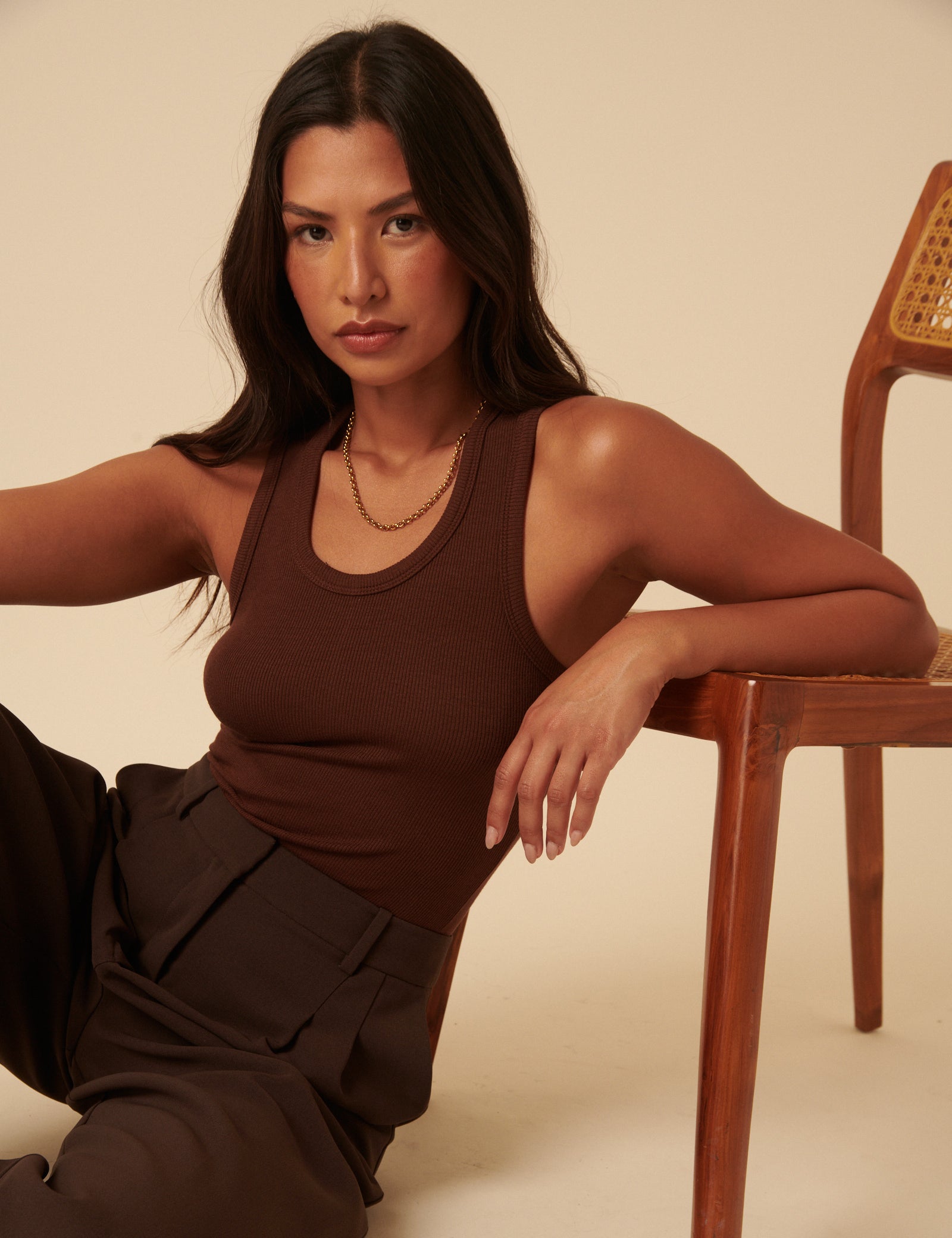 Brown Ribbed Vest Top