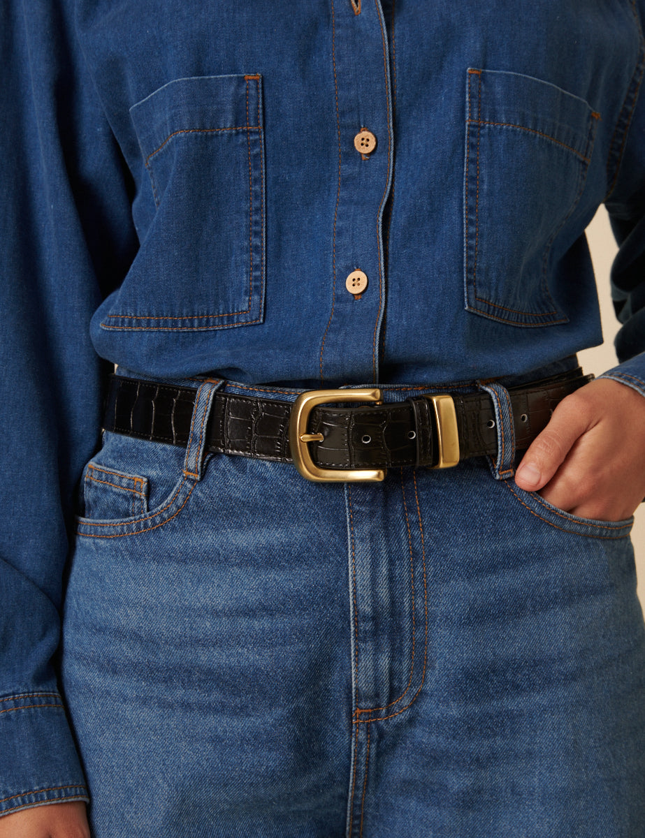 Black Leather Metal Crocodile Belt