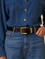 Black Leather Metal Crocodile Belt