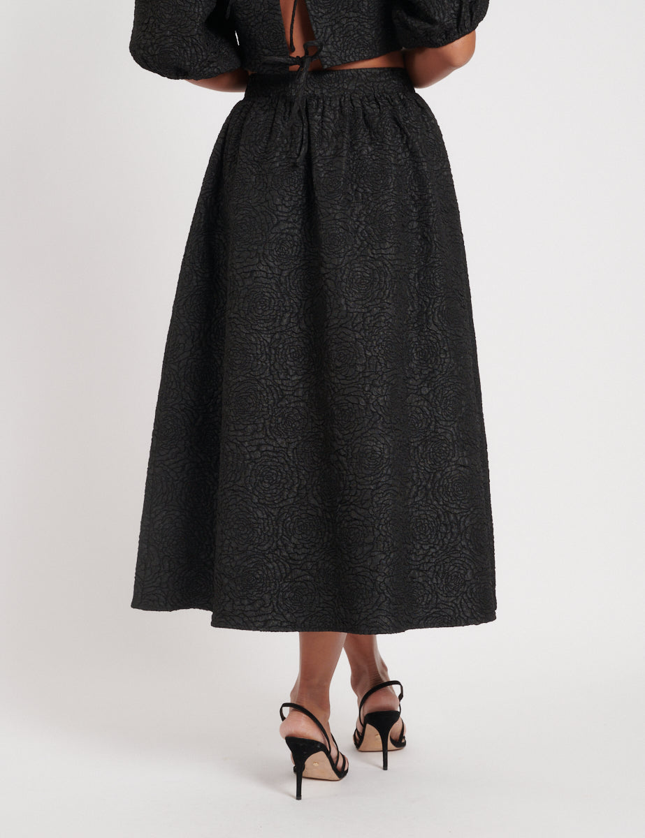Black Floral Jacquard Midi Skirt