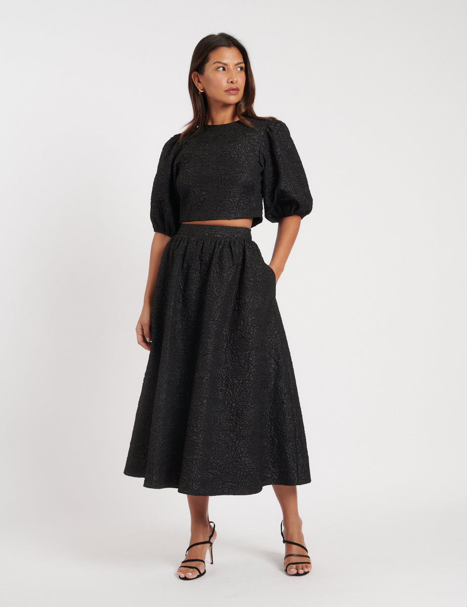 Black Floral Jacquard Midi Skirt