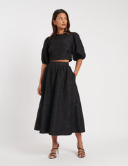 Black Floral Jacquard Midi Skirt
