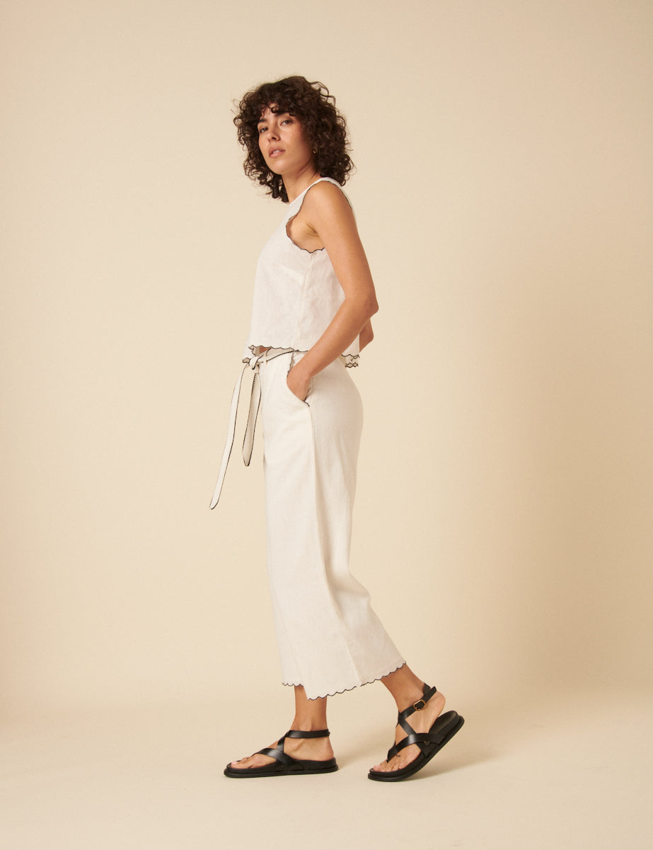 Cream Linen-blend Scallop Trim Wide Leg Cropped Trousers