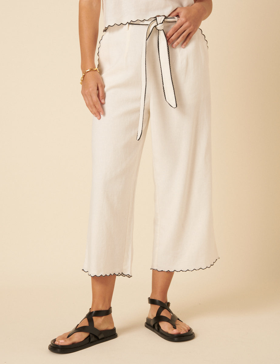 Cream Linen-blend Scallop Trim Wide Leg Cropped Trousers