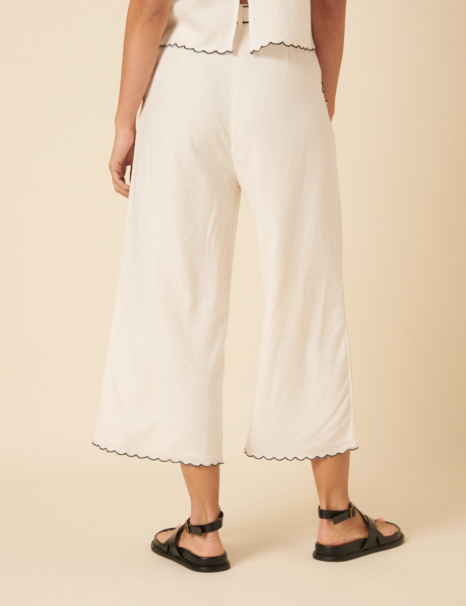 Cream Linen-blend Scallop Trim Wide Leg Cropped Trousers