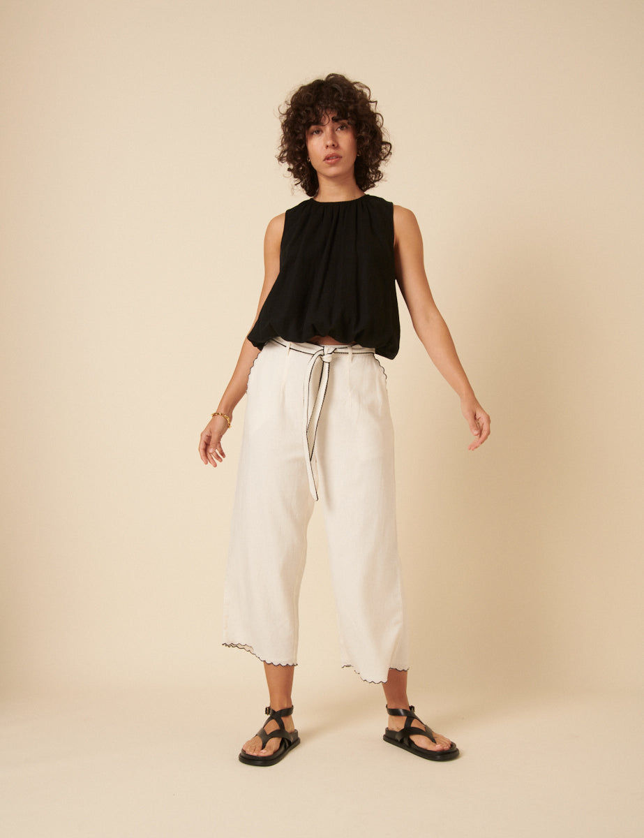 Cream Linen-blend Scallop Trim Wide Leg Cropped Trousers