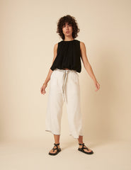 Cream Linen-blend Scallop Trim Wide Leg Cropped Trousers
