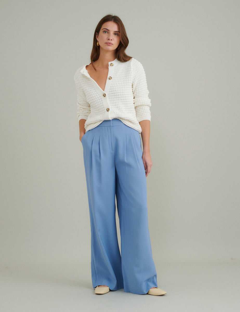 Blue Wide Leg Tailored Trousers