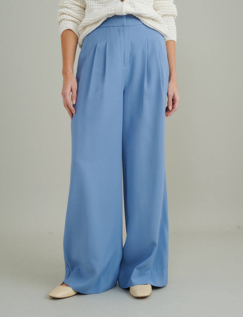 Blue Wide Leg Tailored Trousers