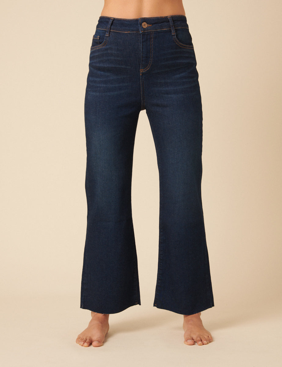 Dark Blue High Rise Cropped Kick Flare Jeans
