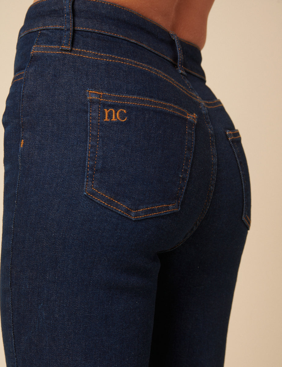 Dark Blue High Rise Cropped Kick Flare Jeans