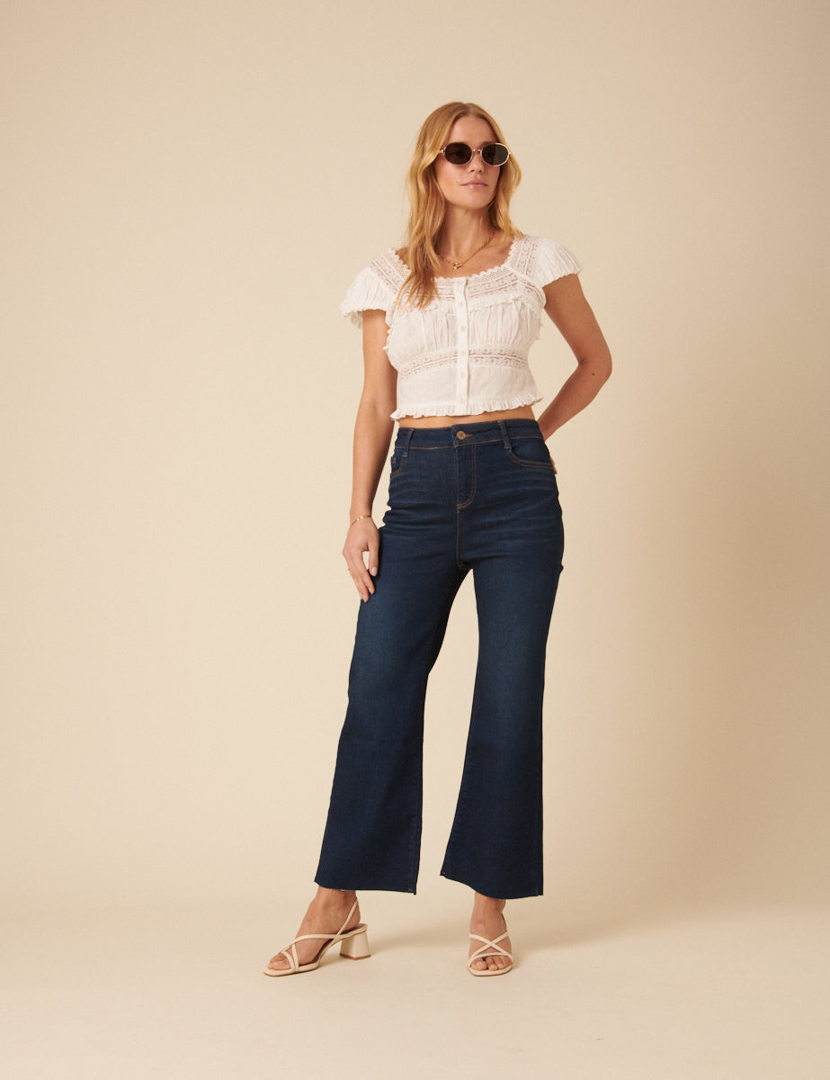 Dark Blue High Rise Cropped Kick Flare Jeans