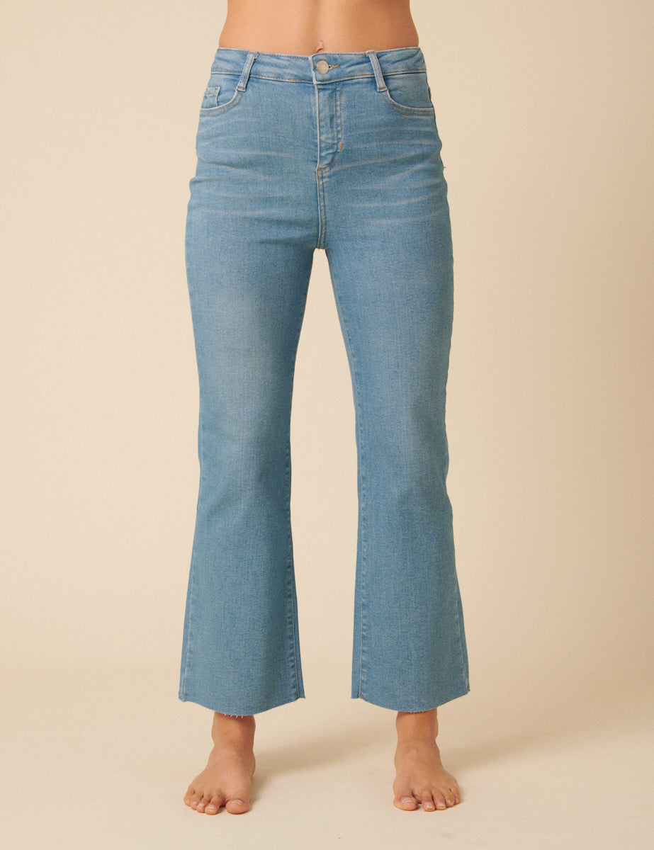 Light Blue High Rise Cropped Kick Flare Jeans