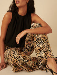 Leopard Print Drawstring Linen-blend Trousers