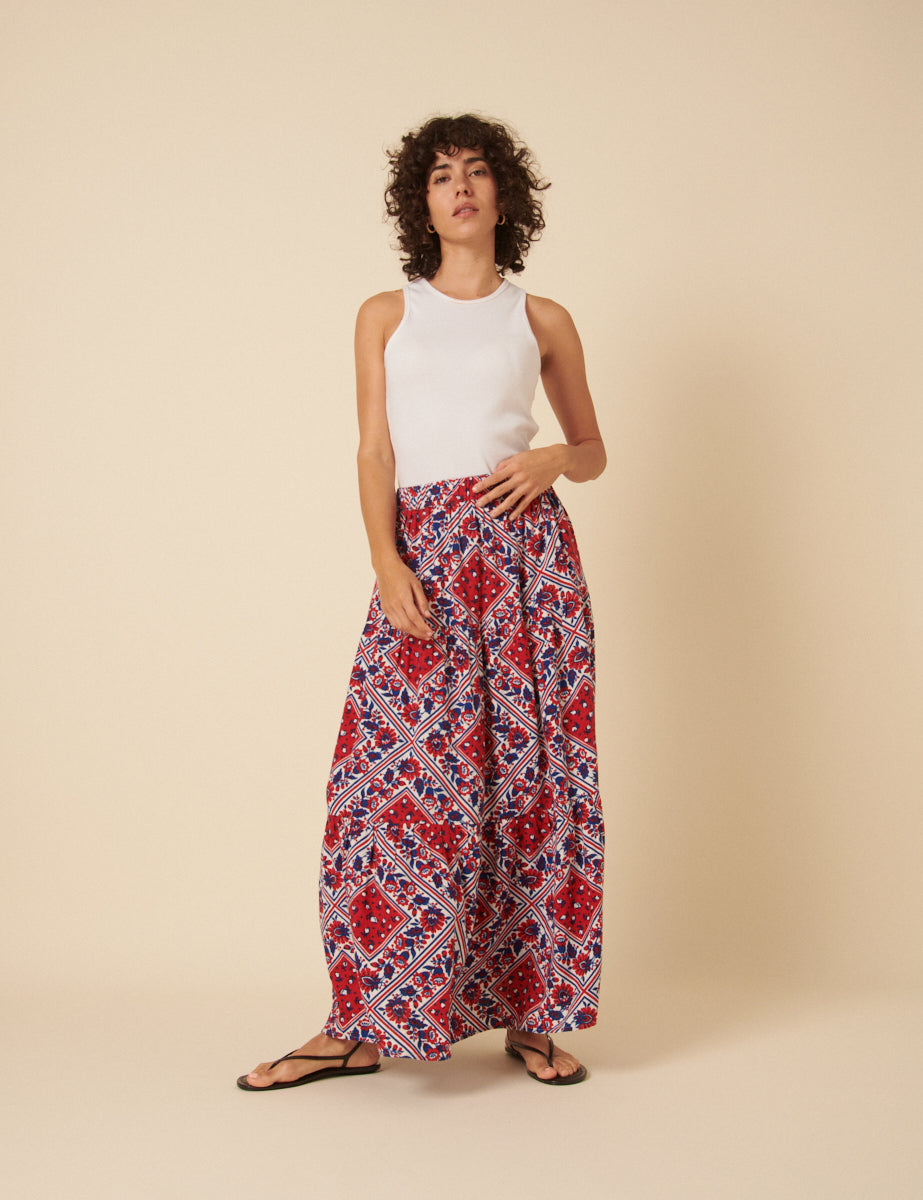 Red Linen-blend Printed Maxi Skirt