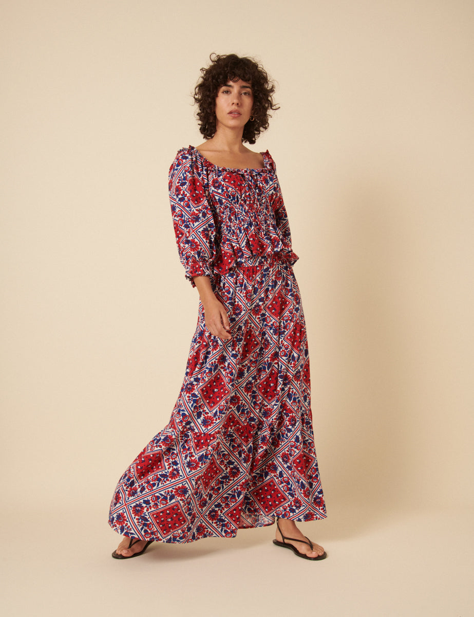 Red Linen-blend Printed Maxi Skirt