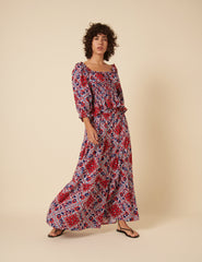 Red Linen-blend Printed Maxi Skirt