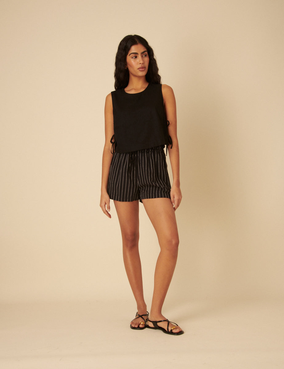 Black Striped Drawstring Jet Shorts